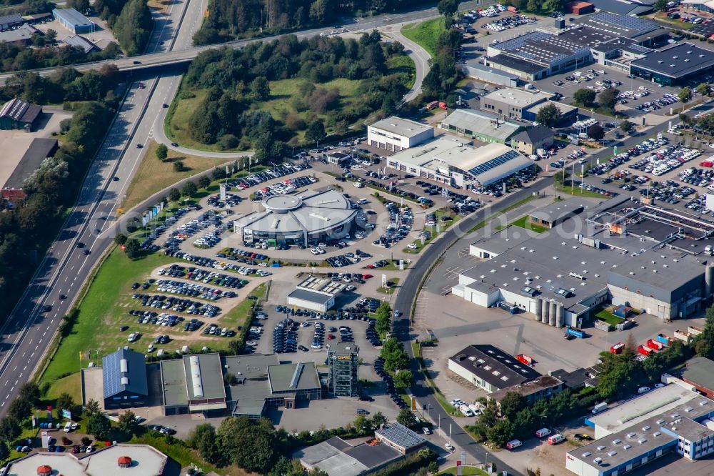 Flensburg from above - Car dealership building in Gewerbegebiet Sued in Flensburg in the state Schleswig-Holstein, Germany