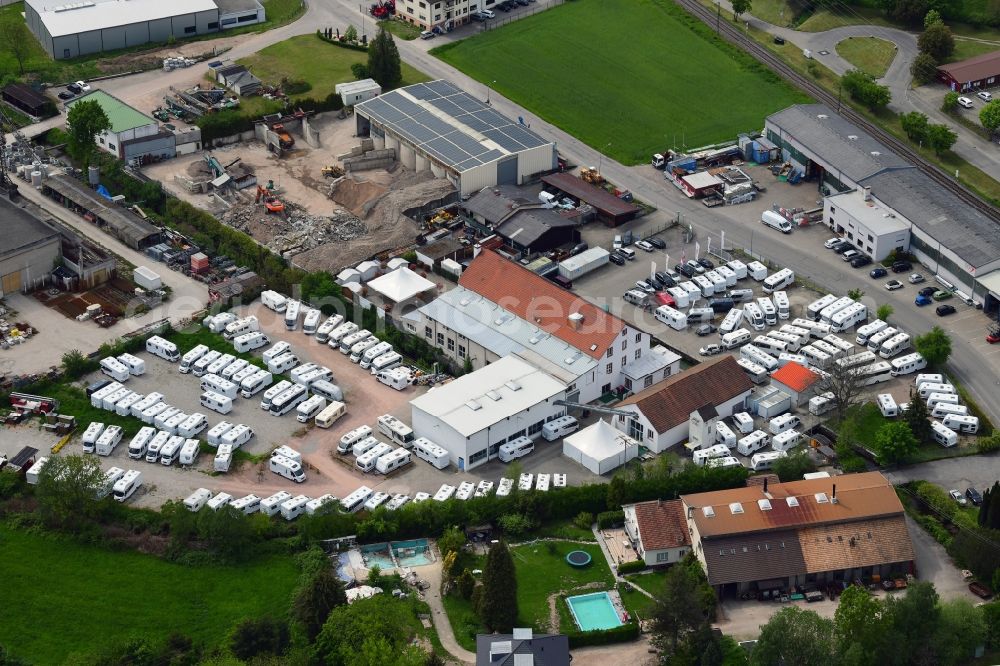 Maulburg from the bird's eye view: Car dealership building and presentation area for Caravans, mobile homes and camper vans at ML-Reisemobile in Maulburg in the state Baden-Wurttemberg, Germany