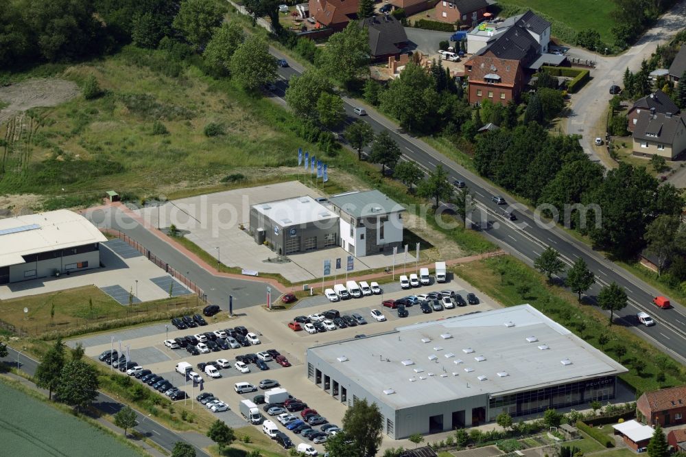 Garbsen from above - Car dealer Auto Schrader GmbH and TUeV station in the Meyenfeld-East part of Garbsen in the state of Lower Saxony. The compound with the car dealer and TUeV control centre is located on federal highway B6, Bremerstrasse