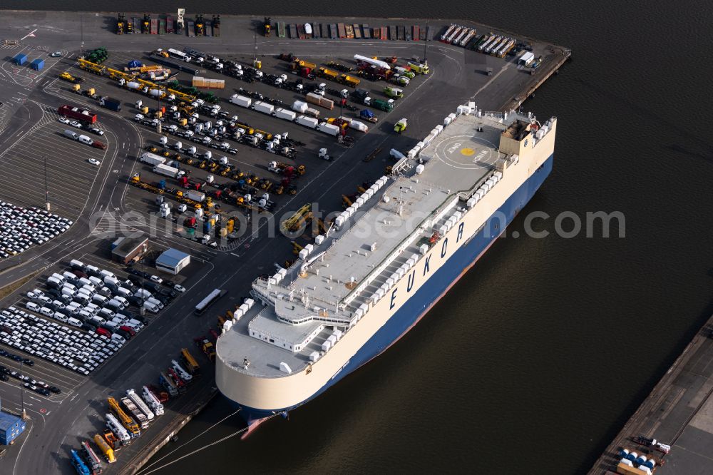 Bremerhaven from above - Car transporter Eukor on the ship quay of the port Kaiserhafen in Bremerhaven in the state Bremen, Germany