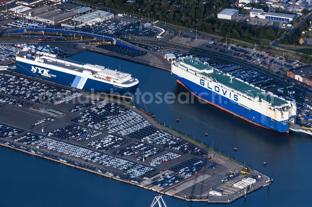 Aerial image Bremerhaven - Car ship at the port of the harbor Kaiserhafen in Bremerhaven in the state Bremen, Germany