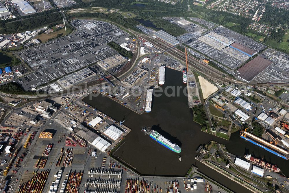 Aerial photograph Bremerhaven - Car ship at the port of the harbor Bremerhaven in Bremerhaven in the state Bremen, Germany