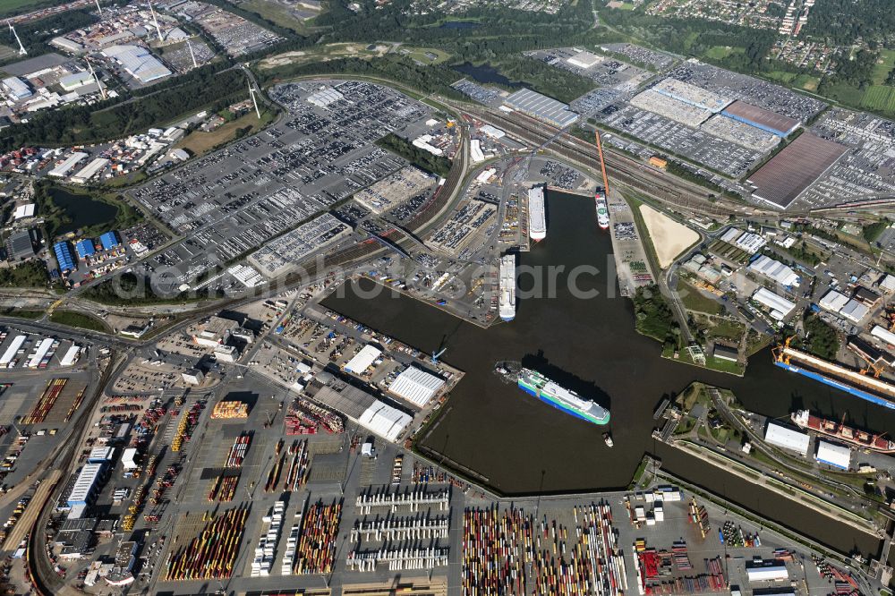 Bremerhaven from above - Car ship at the port of the harbor Bremerhaven in Bremerhaven in the state Bremen, Germany