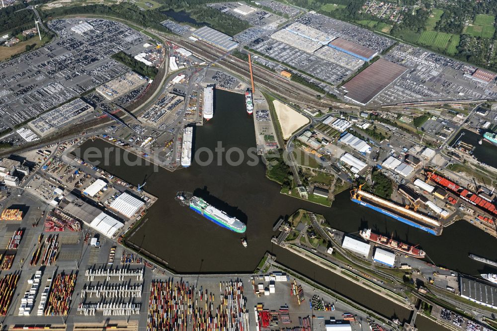 Bremerhaven from the bird's eye view: Car ship at the port of the harbor Bremerhaven in Bremerhaven in the state Bremen, Germany