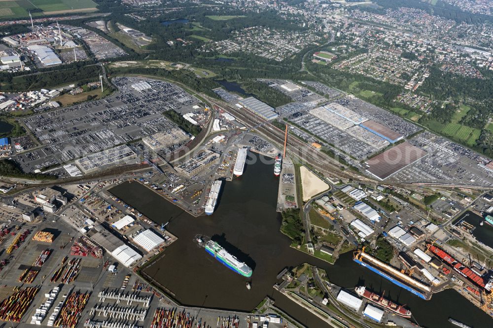 Aerial image Bremerhaven - Car ship at the port of the harbor Bremerhaven in Bremerhaven in the state Bremen, Germany