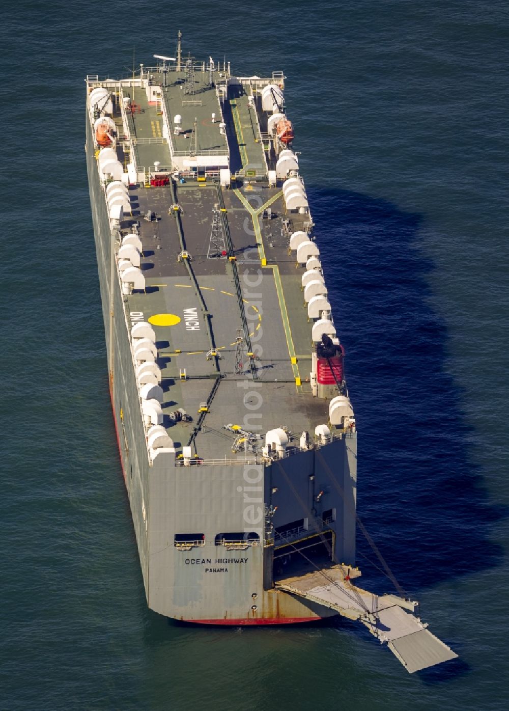 Wangerooge from above - Autotransporter- cargo ship Ocean Highway Panamar off the coast of Wangerooge in the North Sea in Lower Saxony