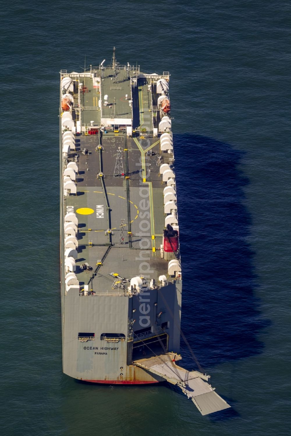 Wangerooge from the bird's eye view: Autotransporter- cargo ship Ocean Highway Panamar off the coast of Wangerooge in the North Sea in Lower Saxony