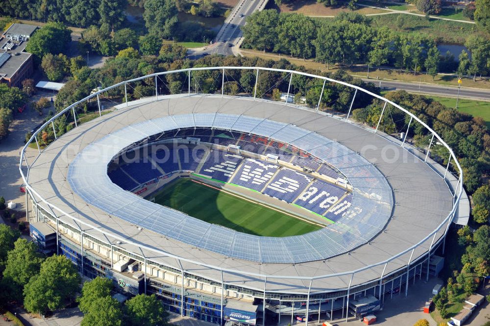 Aerial photograph Hannover - Die AWD-Arena, früher Niedersachsenstadion, im Stadtteil Calenberger Neustadt. Das Stadion bietet Platz für 49.000 Zuschauer und ist die Heimspielstätte des Fußballklubs Hannover 96. The AWD-Arena, formerly Niedersachsenstadion, in the district Calenberger Neustadt.