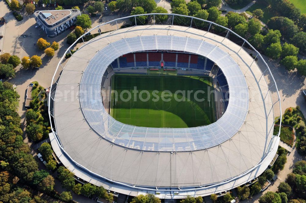 Hannover from the bird's eye view: Die AWD-Arena, früher Niedersachsenstadion, im Stadtteil Calenberger Neustadt. Das Stadion bietet Platz für 49.000 Zuschauer und ist die Heimspielstätte des Fußballklubs Hannover 96. The AWD-Arena, formerly Niedersachsenstadion, in the district Calenberger Neustadt.