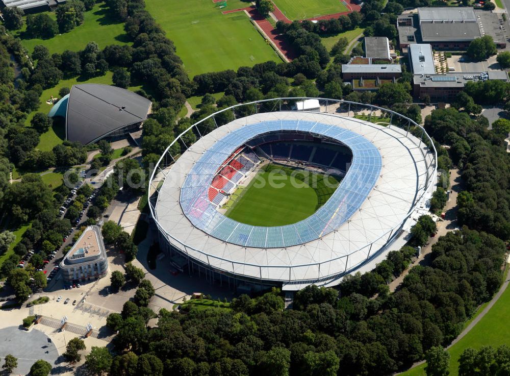 Hannover from the bird's eye view: Die AWD-Arena, früher Niedersachsenstadion, im Stadtteil Calenberger Neustadt. Das Stadion bietet Platz für 49.000 Zuschauer und ist die Heimspielstätte des Fußballklubs Hannover 96. The AWD-Arena, formerly Niedersachsenstadion, in the district Calenberger Neustadt.