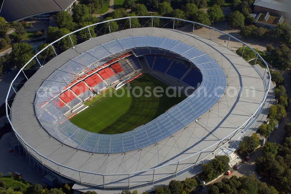 Aerial image Hannover - Blick auf die AWD-Arena Hannover. Das Stadion hat eine Kapazität von 50000 Plätzen. Hannover 96 Arena GmbH & Co. KG.Arthur-Menge-Ufer 5,30169 Hannover , Frau A. Marschner,Telefon: 05 11/ 96 900 - 450,E-Mail: amarschner@hannover96.de