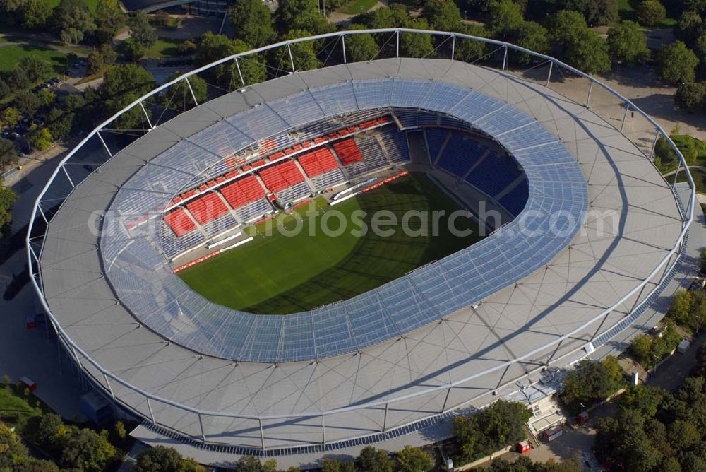 Aerial photograph Hannover - Blick auf die AWD-Arena Hannover. Das Stadion hat eine Kapazität von 50000 Plätzen. Hannover 96 Arena GmbH & Co. KG.Arthur-Menge-Ufer 5,30169 Hannover , Frau A. Marschner,Telefon: 05 11/ 96 900 - 450,E-Mail: amarschner@hannover96.de