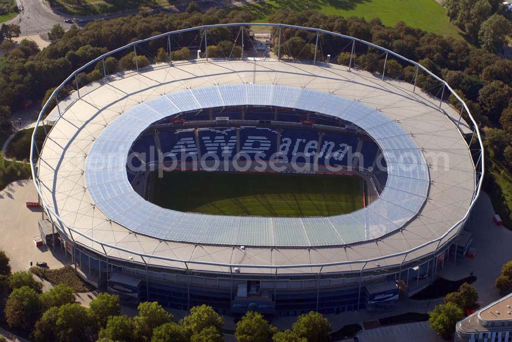 Aerial photograph Hannover - Blick auf die AWD-Arena Hannover. Das Stadion hat eine Kapazität von 50000 Plätzen. Hannover 96 Arena GmbH & Co. KG.Arthur-Menge-Ufer 5,30169 Hannover , Frau A. Marschner,Telefon: 05 11/ 96 900 - 450,E-Mail: amarschner@hannover96.de