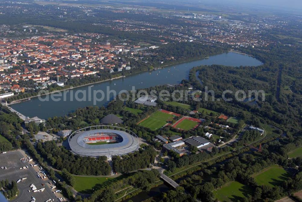 Aerial photograph Hannover - Blick auf die AWD-Arena Hannover. Das Stadion hat eine Kapazität von 50000 Plätzen. Hannover 96 Arena GmbH & Co. KG.Arthur-Menge-Ufer 5,30169 Hannover , Frau A. Marschner,Telefon: 05 11/ 96 900 - 450,E-Mail: amarschner@hannover96.de