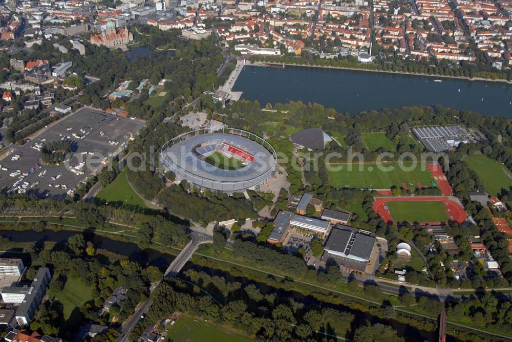 Aerial photograph Hannover - Blick auf die AWD-Arena Hannover. Das Stadion hat eine Kapazität von 50000 Plätzen. Hannover 96 Arena GmbH & Co. KG.Arthur-Menge-Ufer 5,30169 Hannover , Frau A. Marschner,Telefon: 05 11/ 96 900 - 450,E-Mail: amarschner@hannover96.de