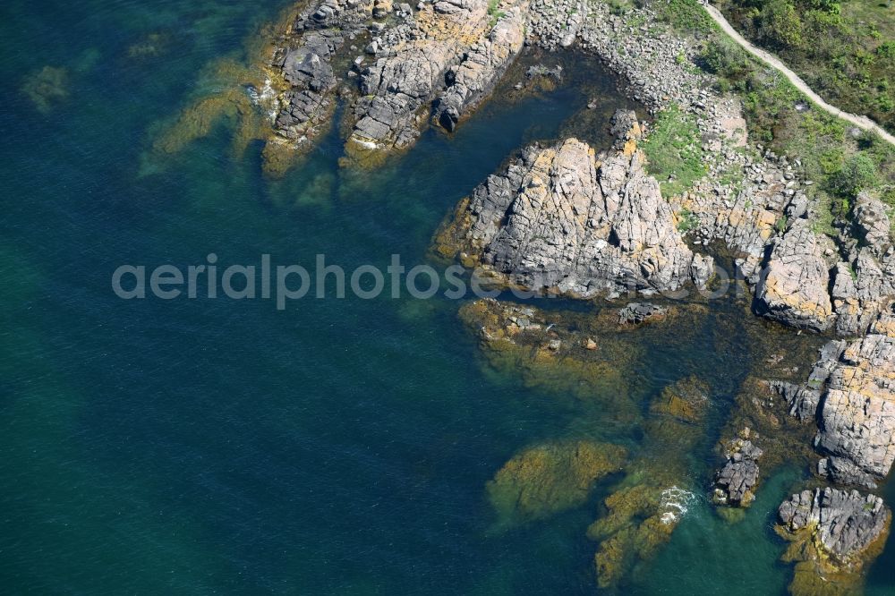 Aerial photograph Allinge - Blue Water on Coastline at the rocky cliffs of Baltic Sea on Bornholm Island in Allinge in Region Hovedstaden, Denmark