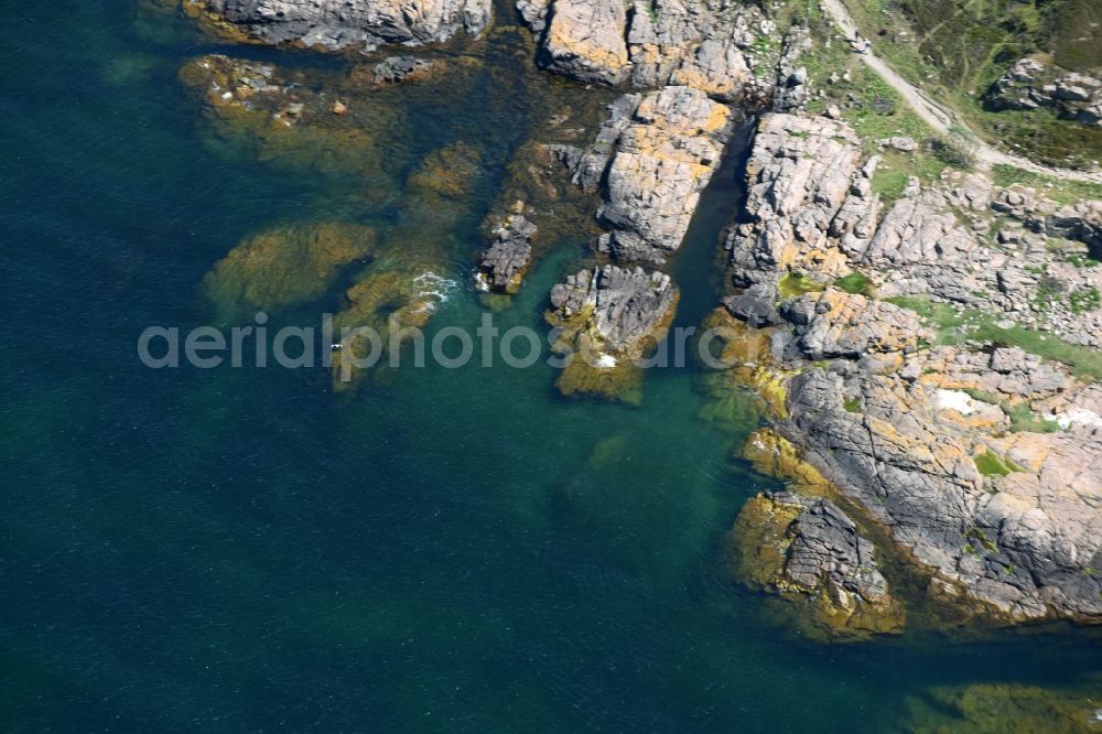 Allinge from above - Blue Water on Coastline at the rocky cliffs of Baltic Sea on Bornholm Island in Allinge in Region Hovedstaden, Denmark