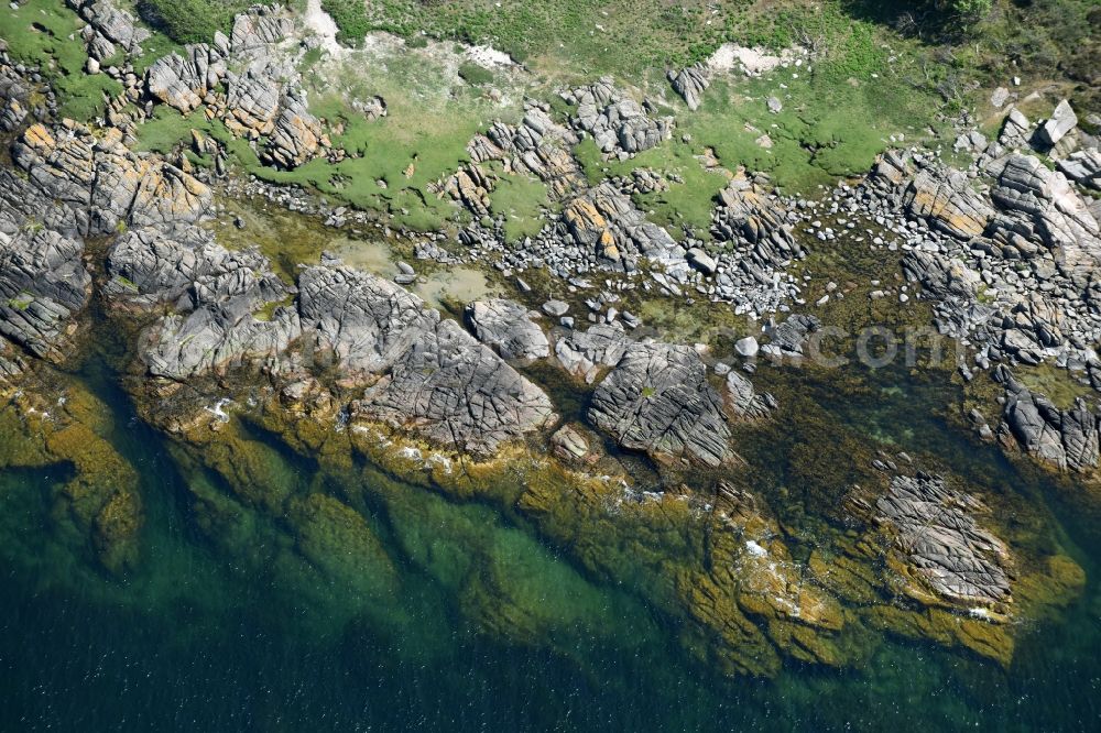 Aerial image Allinge - Blue Water on Coastline at the rocky cliffs of Baltic Sea on Bornholm Island in Allinge in Region Hovedstaden, Denmark