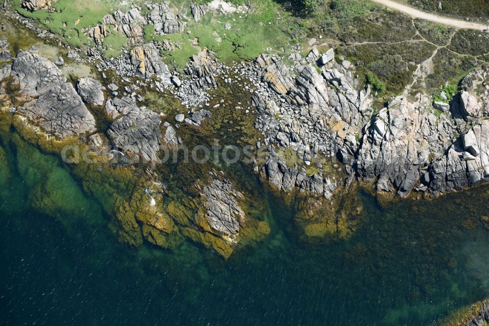 Aerial photograph Allinge - Blue Water on Coastline at the rocky cliffs of Baltic Sea on Bornholm Island in Allinge in Region Hovedstaden, Denmark