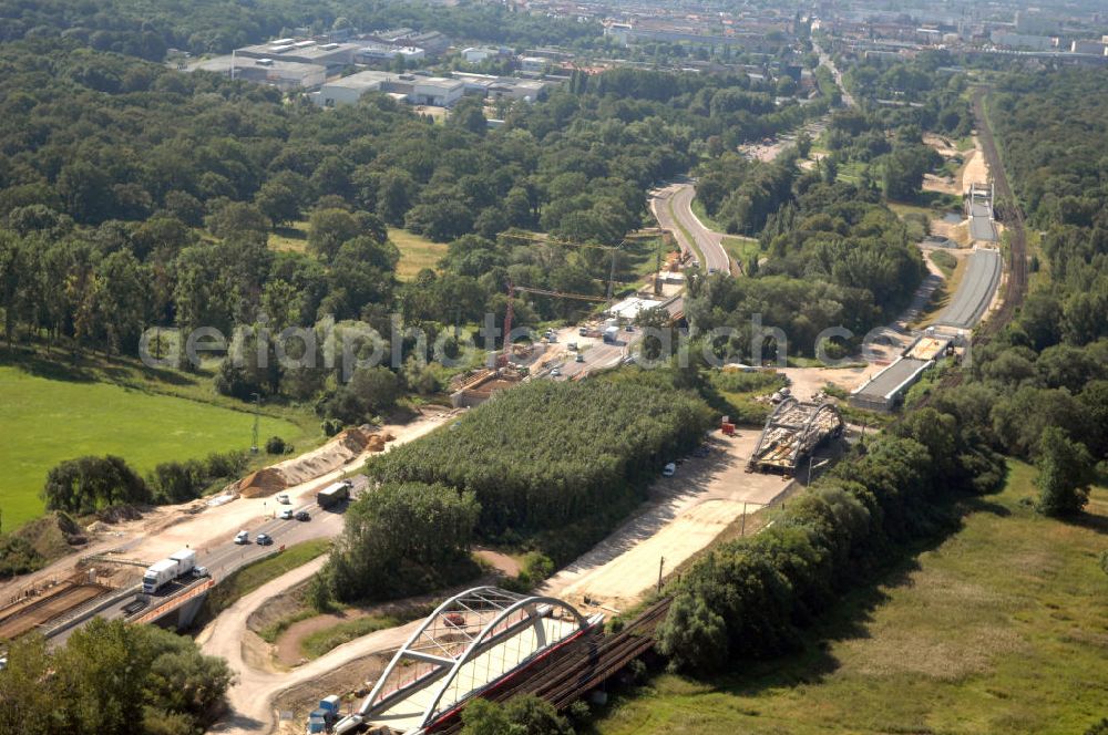 Aerial image Dessau-Roßlau - Blick auf verschiedene Brückenbauwerke an der Baustelle zum Ausbau der B184 zwischen Dessau und Roßlau in Sachsen-Anhalt. Die B184 wird aufgrund des gestiegenen Verkehrsaufkommens zwischen 2006 und 2009 als vierstreifige Bundesstraße (RQ 20) über den Verlauf der Elbe hinweg ausgebaut. Bauherr ist der Landesbetrieb Bau Sachsen-Anhalt, die Projektleitung liegt bei SCHÜßLER - PLAN Berlin. Kontakt Projektleitung: Schüßler - Plan Ingenieurgesellschaft mbH, Tel. +49(0)30 42106 0, Email: berlin@schuessler-plan.de