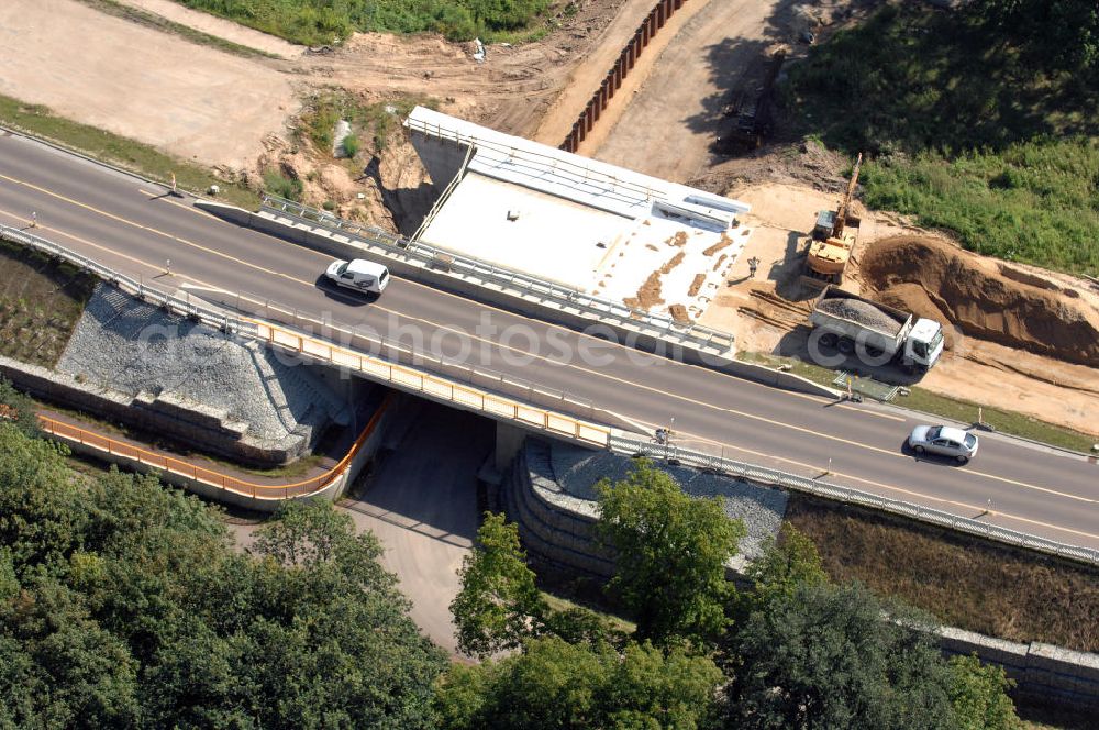 Dessau-Roßlau from the bird's eye view: Blick auf verschiedene Brückenbauwerke an der Baustelle zum Ausbau der B184 zwischen Dessau und Roßlau in Sachsen-Anhalt. Die B184 wird aufgrund des gestiegenen Verkehrsaufkommens zwischen 2006 und 2009 als vierstreifige Bundesstraße (RQ 20) über den Verlauf der Elbe hinweg ausgebaut. Bauherr ist der Landesbetrieb Bau Sachsen-Anhalt, die Projektleitung liegt bei SCHÜßLER - PLAN Berlin. Kontakt Projektleitung: Schüßler - Plan Ingenieurgesellschaft mbH, Tel. +49(0)30 42106 0, Email: berlin@schuessler-plan.de