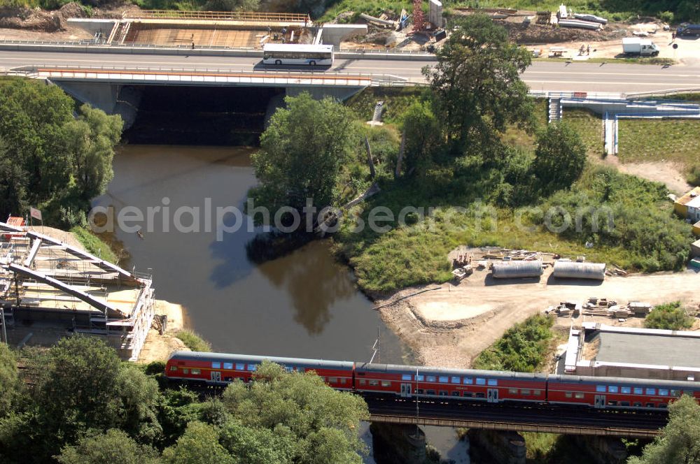 Dessau-Roßlau from the bird's eye view: Blick auf verschiedene Brückenbauwerke an der Baustelle zum Ausbau der B184 zwischen Dessau und Roßlau in Sachsen-Anhalt. Die B184 wird aufgrund des gestiegenen Verkehrsaufkommens zwischen 2006 und 2009 als vierstreifige Bundesstraße (RQ 20) über den Verlauf der Elbe hinweg ausgebaut. Bauherr ist der Landesbetrieb Bau Sachsen-Anhalt, die Projektleitung liegt bei SCHÜßLER - PLAN Berlin. Kontakt Projektleitung: Schüßler - Plan Ingenieurgesellschaft mbH, Tel. +49(0)30 42106 0, Email: berlin@schuessler-plan.de