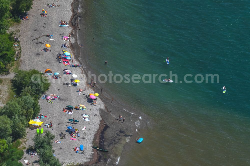 Aerial image Langenargen - Bathers are looking for summer cooling off on the shore area of a??a??Lake Constance in Langenargen on Lake Constance in the state Baden-Wuerttemberg, Germany