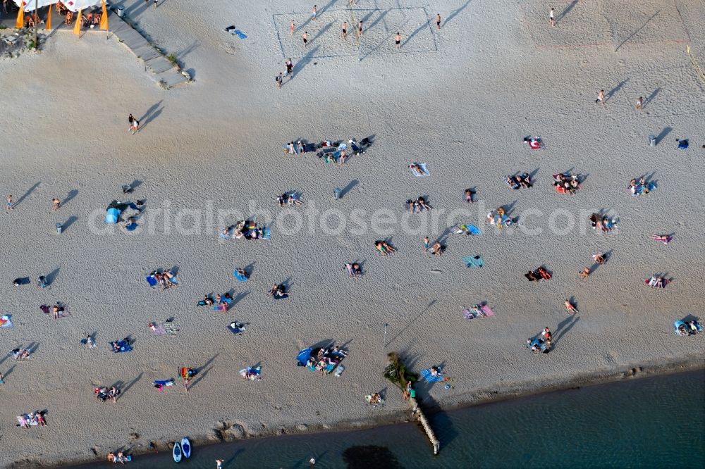 Leipzig from the bird's eye view: Bathers look to cool off in summer on the banks of the Freizeitcampus on Cospudener lake in the district Lauer in Leipzig in the state Saxony, Germany