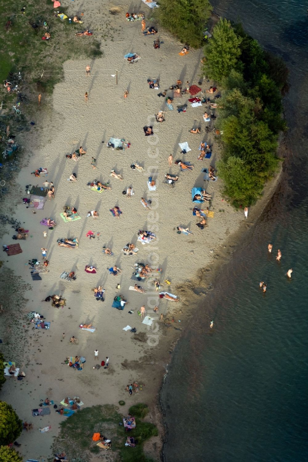 Leipzig from above - Bathers look to cool off in summer on the banks of the Freizeitcampus on Cospudener lake in the district Lauer in Leipzig in the state Saxony, Germany