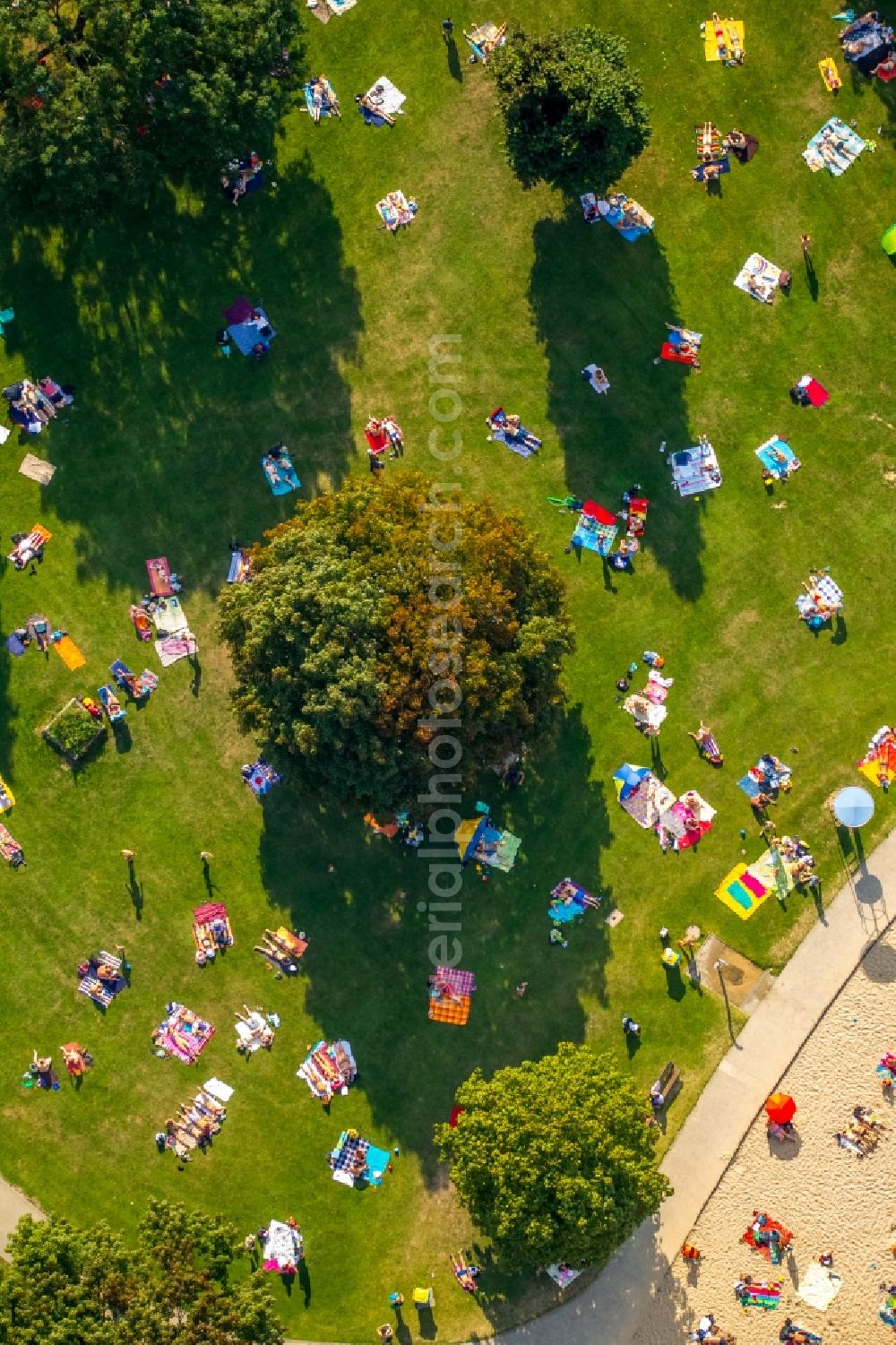 Aerial photograph Düsseldorf - Badegaeste auf den Liegewiesen am Schwimmbecken des Freibades in Duesseldorf in the state North Rhine-Westphalia