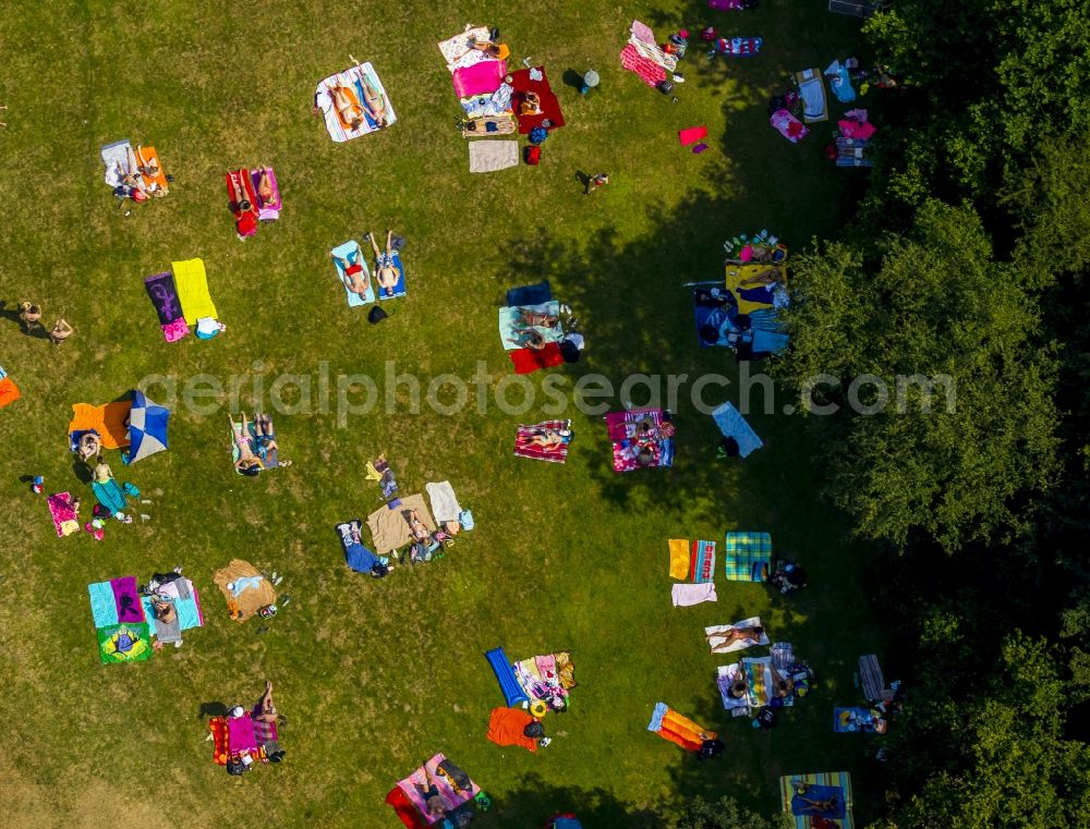 Aerial image Hattingen - Badegaeste auf den Liegewiesen am Schwimmbecken des Freibades in Hattingen in the state North Rhine-Westphalia