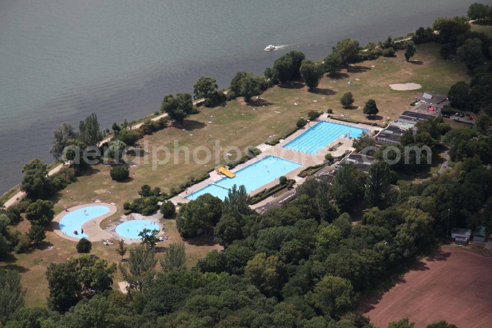 Aerial photograph Wiesbaden - Bathers on the lawn by the pool of the swimming pool Maaraue at the rhine river in Wiesbaden in the state Hesse, Germany