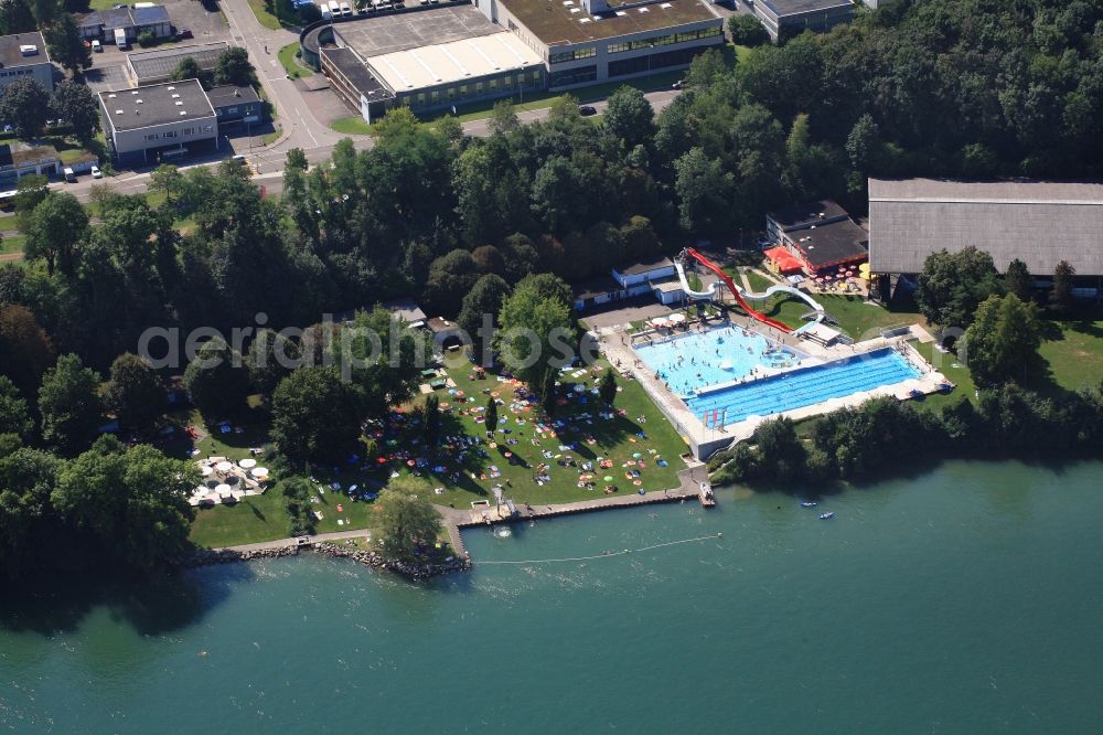 Aerial image Schluchsee - Bathers on the lawn by the pool of the swimming pool and at the beach of River Rhine in Rheinfelden in Switzerland