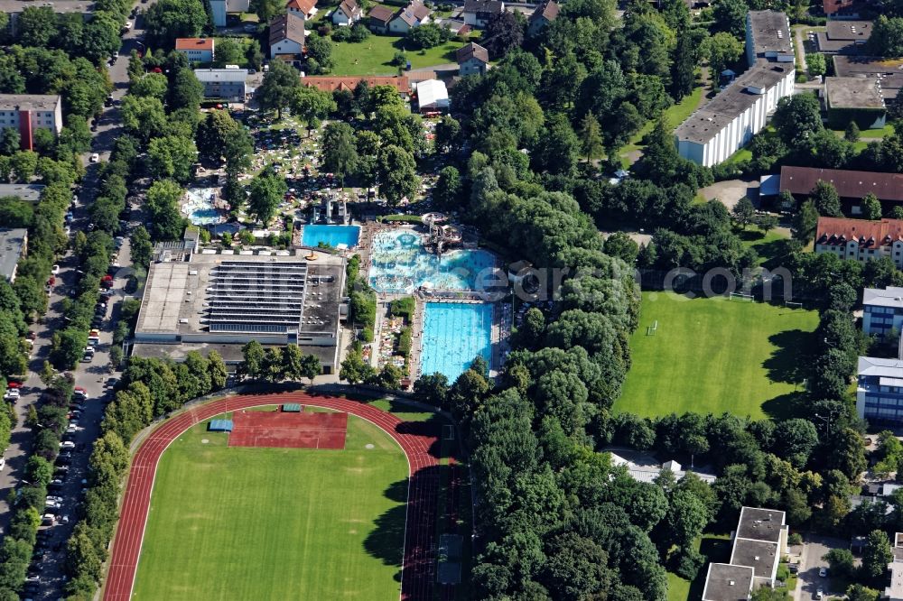 Unterhaching from above - Bathers on the lawn by the swimming pool in Unterhaching in the state Bavaria, Germany