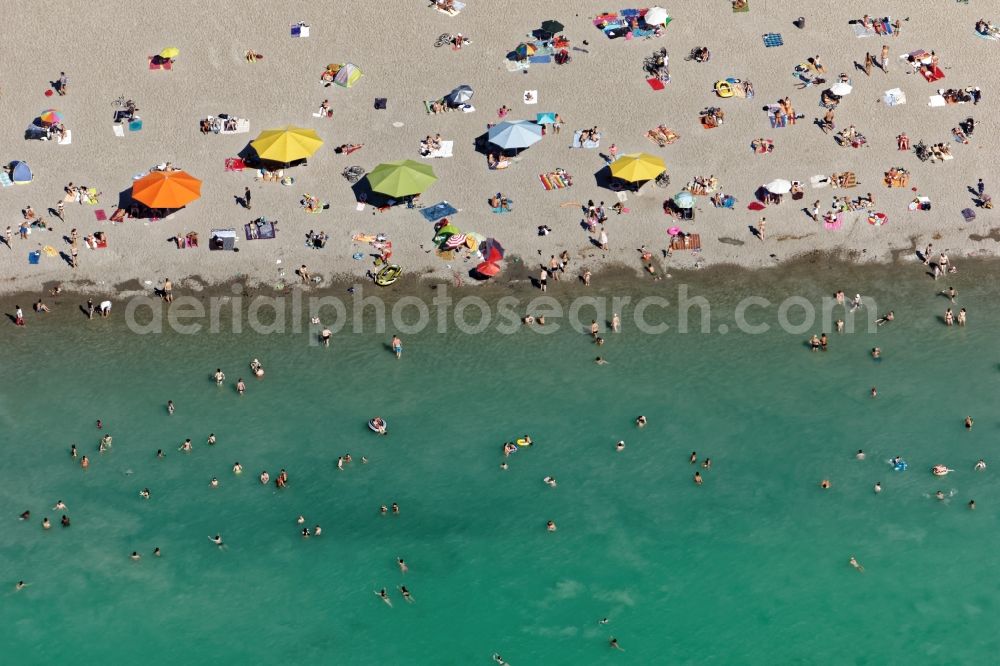 München from above - Influx of bathers on the beach and the shore areas of the lake Buga-See in Munich in the state Bavaria