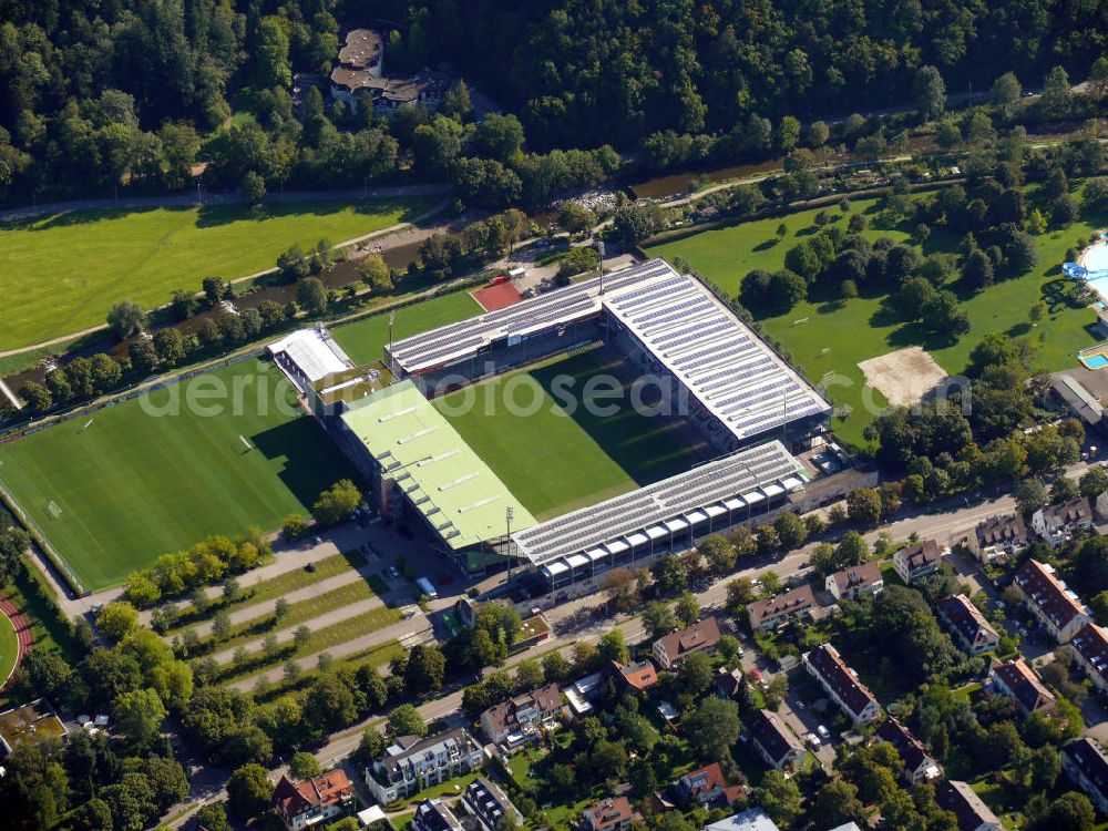 Freiburg from the bird's eye view: Das Badenova Stadion, früher Dreisamstadion genannt, vom Fußballverein SC Freiburg im östlichen Stadtteil Waldsee an der Schwarzwaldstraße in Freiburg, Baden-Württemberg. The Badenova stadium, formerly known as Dreisamstadion, of the football club SC Freiburg in the eastern district Waldsee at the street Schwarzwaldstrasse in Freiburg, Baden-Wuerttemberg.