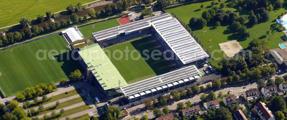 Aerial image Freiburg - Das Badenova Stadion, früher Dreisamstadion genannt, vom Fußballverein SC Freiburg im östlichen Stadtteil Waldsee an der Schwarzwaldstraße in Freiburg, Baden-Württemberg. The Badenova stadium, formerly known as Dreisamstadion, of the football club SC Freiburg in the eastern district Waldsee at the street Schwarzwaldstrasse in Freiburg, Baden-Wuerttemberg.