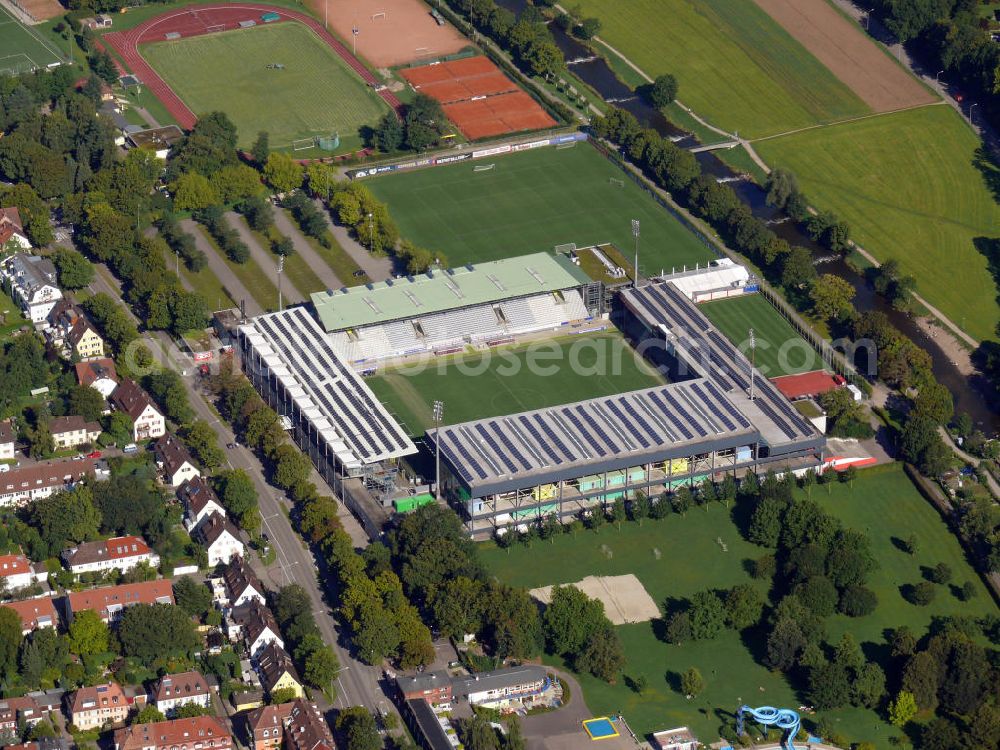 Freiburg from the bird's eye view: Das Badenova Stadion, früher Dreisamstadion genannt, vom Fußballverein SC Freiburg im östlichen Stadtteil Waldsee an der Schwarzwaldstraße in Freiburg, Baden-Württemberg. The Badenova stadium, formerly known as Dreisamstadion, of the football club SC Freiburg in the eastern district Waldsee at the street Schwarzwaldstrasse in Freiburg, Baden-Wuerttemberg.