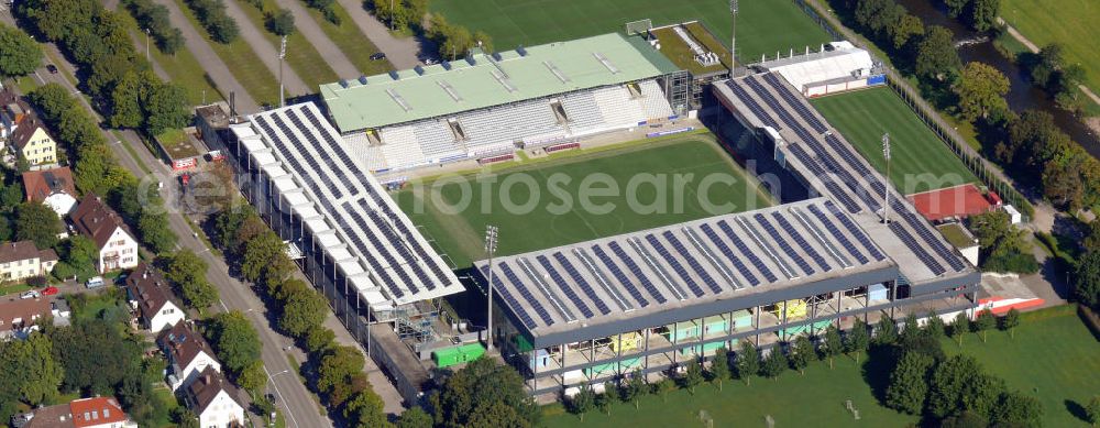 Aerial image Freiburg - Das Badenova Stadion, früher Dreisamstadion genannt, vom Fußballverein SC Freiburg im östlichen Stadtteil Waldsee an der Schwarzwaldstraße in Freiburg, Baden-Württemberg. The Badenova stadium, formerly known as Dreisamstadion, of the football club SC Freiburg in the eastern district Waldsee at the street Schwarzwaldstrasse in Freiburg, Baden-Wuerttemberg.