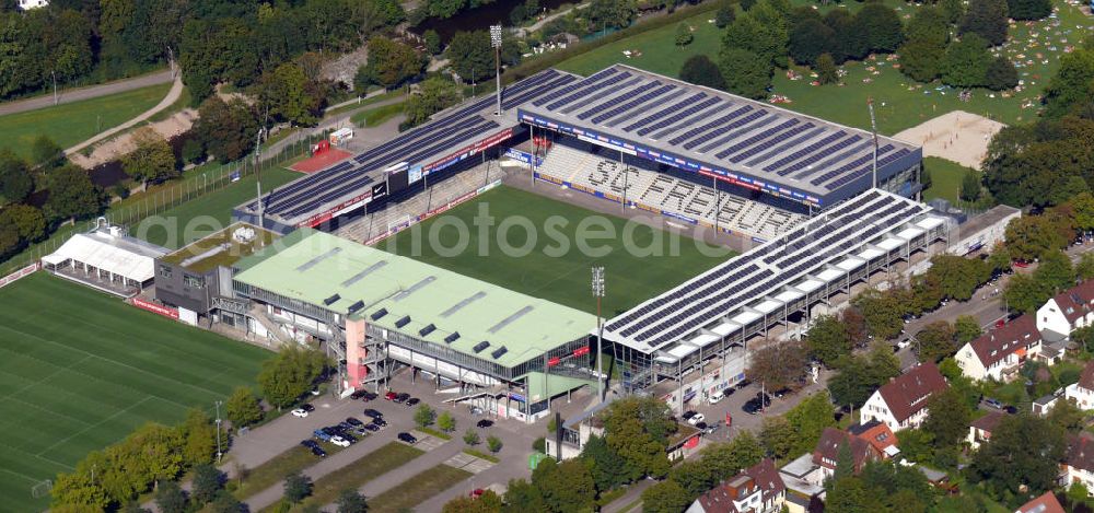 Freiburg from the bird's eye view: Das Badenova Stadion, früher Dreisamstadion genannt, vom Fußballverein SC Freiburg im östlichen Stadtteil Waldsee an der Schwarzwaldstraße in Freiburg, Baden-Württemberg. The Badenova stadium, formerly known as Dreisamstadion, of the football club SC Freiburg in the eastern district Waldsee at the street Schwarzwaldstrasse in Freiburg, Baden-Wuerttemberg.