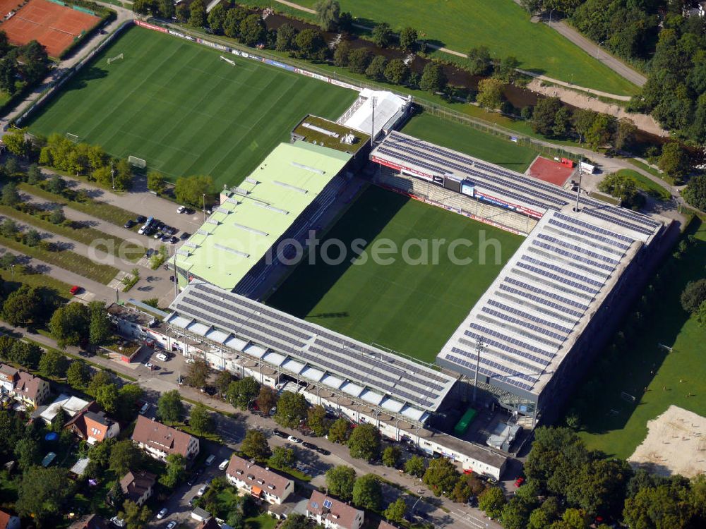 Aerial photograph Freiburg - Das Badenova Stadion, früher Dreisamstadion genannt, vom Fußballverein SC Freiburg im östlichen Stadtteil Waldsee an der Schwarzwaldstraße in Freiburg, Baden-Württemberg. The Badenova stadium, formerly known as Dreisamstadion, of the football club SC Freiburg in the eastern district Waldsee at the street Schwarzwaldstrasse in Freiburg, Baden-Wuerttemberg.