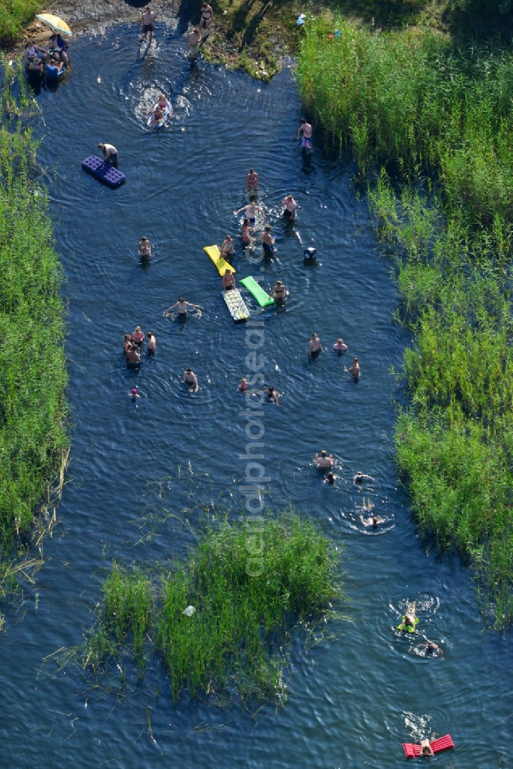 Gräfenhainichen from above - Water fun and swimming pleasure of festival-goers on the shores of Lake Gremmin at Graefenhainichen in the state of Saxony-Anhalt