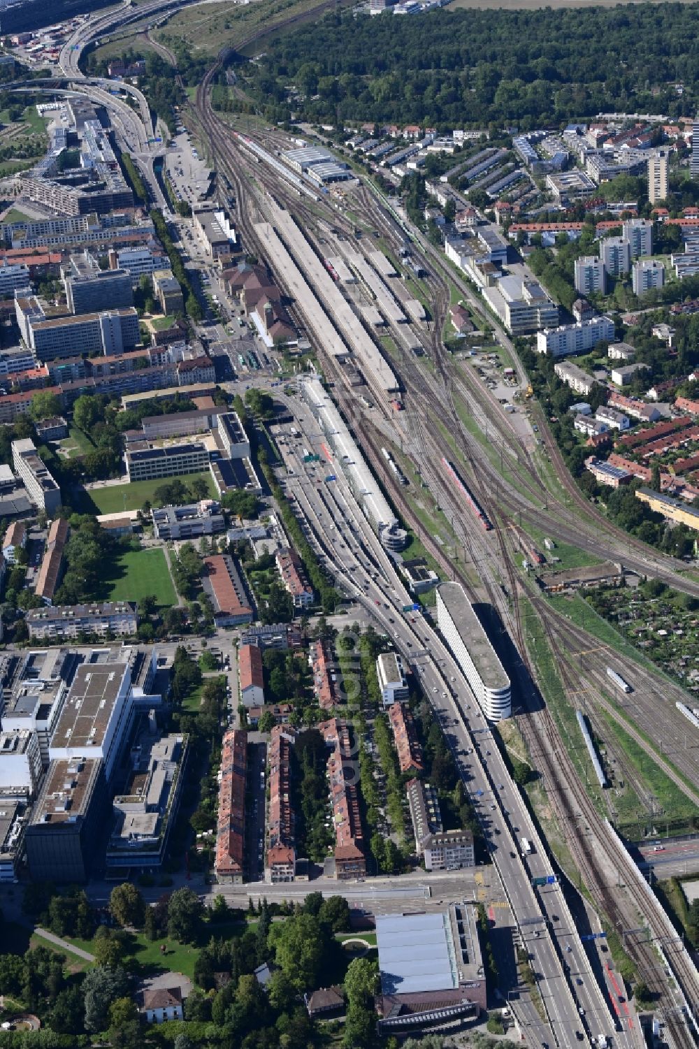 Aerial image Basel - Track progress and buildings of the international station Badischer Bahnhof Close to the motorway A3 in Basel, Switzerland