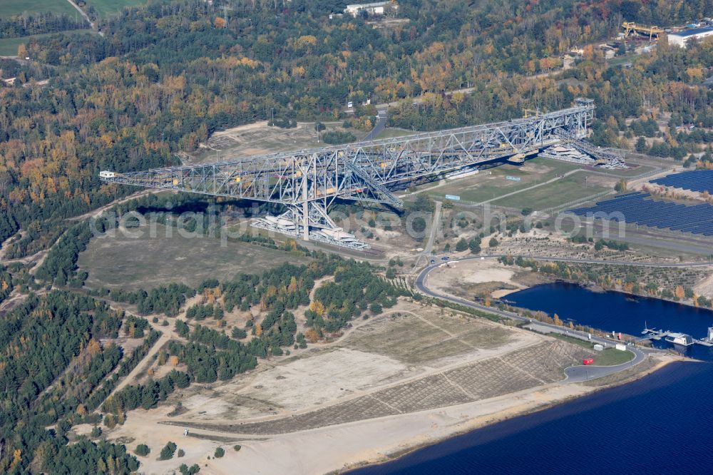 Lichterfeld-Schacksdorf from above - Dredging conveyor bridge in brown coal mine of Besucherbergwerk F60 on Bergheider See in Lichterfeld-Schacksdorf in the state Brandenburg, Germany