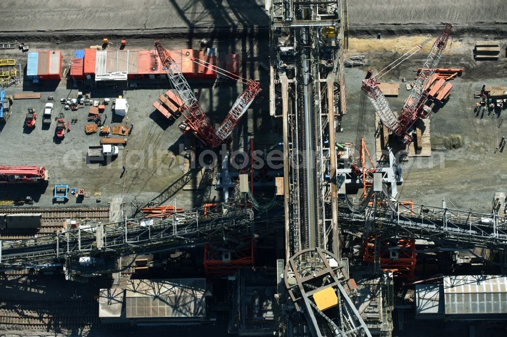 Aerial image Nochten - Dredging conveyor bridge in brown coal mine der Vattenfall Europe Sales GmbH in Nochten in the state Saxony. The company TAKRAF GmbH - Tenova exchanged at Greater excavator with a roller table of the great rocker of the 40-year-old excavator