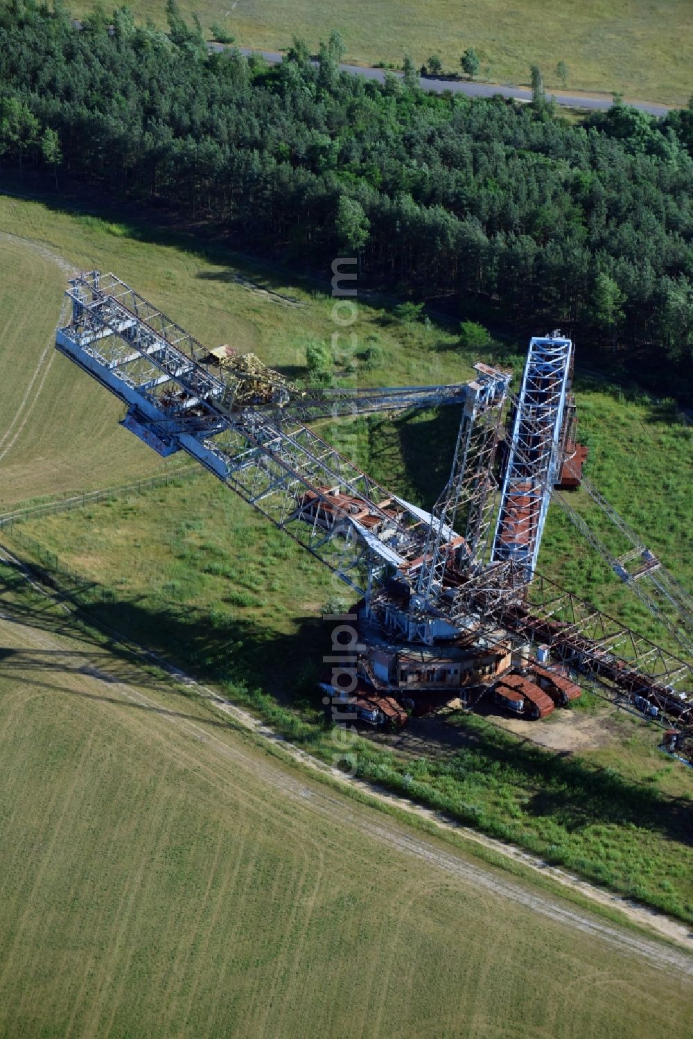 Schipkau from above - Excavator conveyor in the renaturation area of the former brown coal opencast mine in the district of Hoerlitz in Schipkau in the state of Brandenburg, Germany