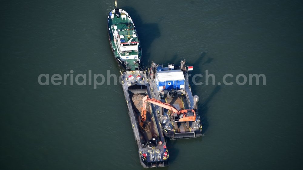 Weißenthurm from above - Dredger during the gravel piling of the Rhine in the state Rhineland-Palatinate, Germany