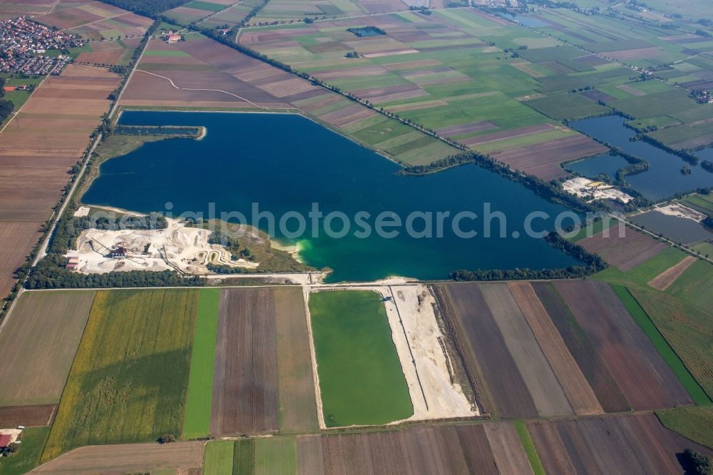 Aerial image Weichering - Lake shore and overburden areas of the quarry lake and gravel open pit of DMK Donaumoos Kies GmbH & Co. KG in Weichering in the state Bavaria, Germany