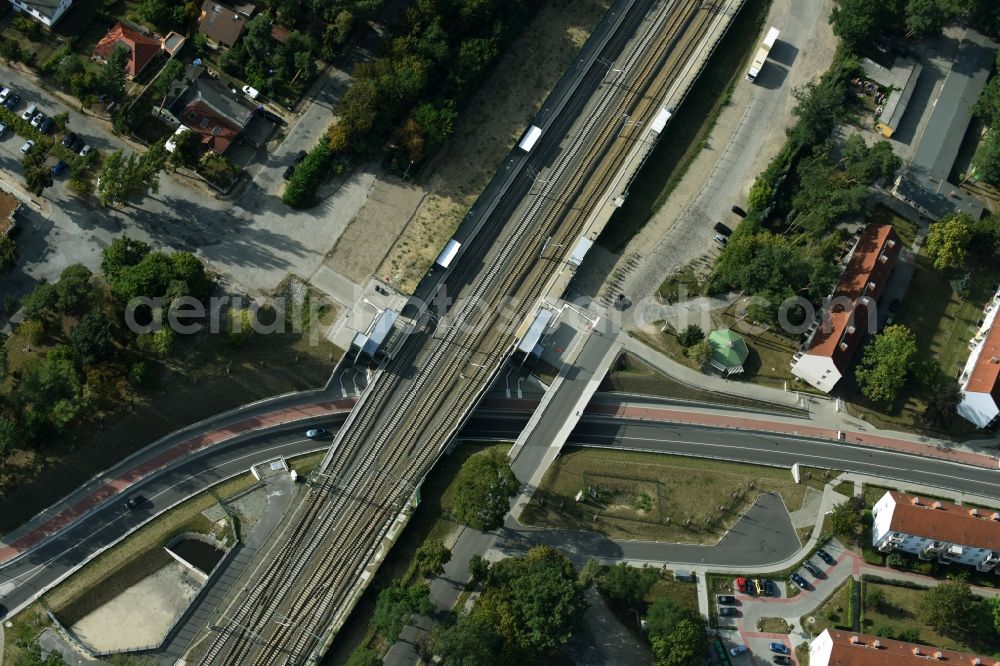 Rangsdorf from above - Railway bridge building to route the train tracks at the train station in Rangsdorf in the state Brandenburg