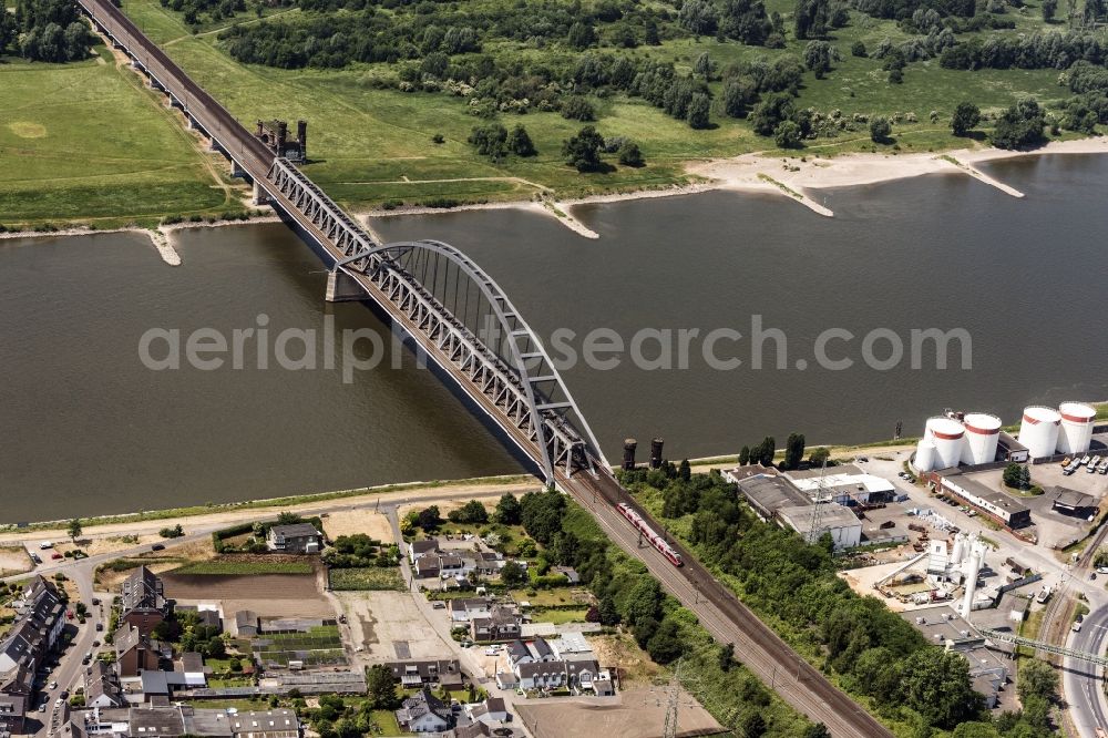 Aerial image Düsseldorf - Railway bridge building to route the train tracks across the Rhine in Duesseldorf in the state North Rhine-Westphalia, Germany